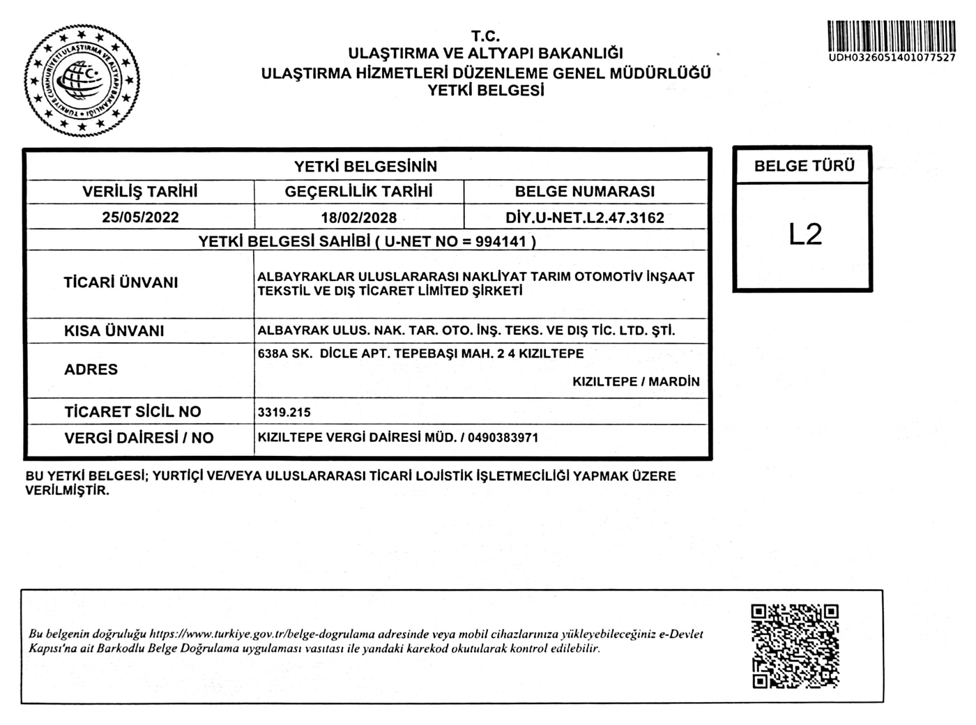 Yetki Belgesi L2 — DIY.U-NET.L2.47.3162